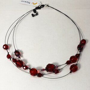 Red Beaded Necklace: Gunmetal Wire Layered Illusion Design - Women's Fashion